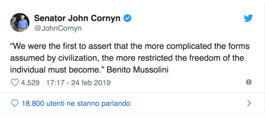 Il senatore americano che cita Mussolini per dare lezioni agli avversari