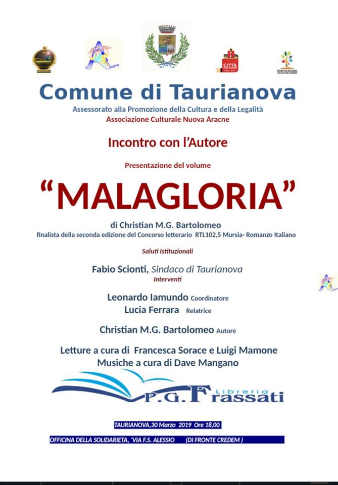 Taurianova, sabato la presentazione del libro “Malagloria” scritto da Christian Maria Giuseppe Bartolomeo