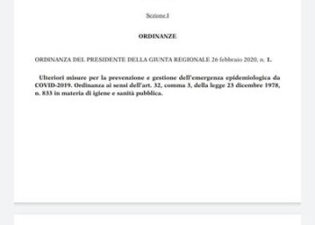 Coronavirus, l’ordinanza della Regione