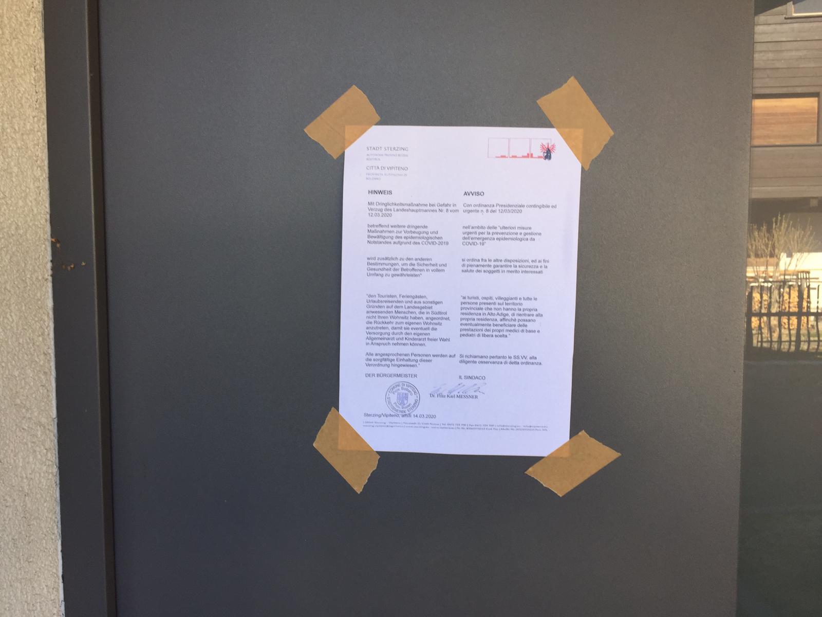 CORONAVIRUS: URZI’ (FDI), IN ALTO ADIGE CARTELLI SOPRA LE CASE PER CACCIARE I NON RESIDENTI