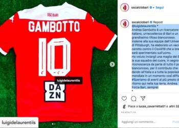 Coronavirus: maglia del Bari a Gambotto