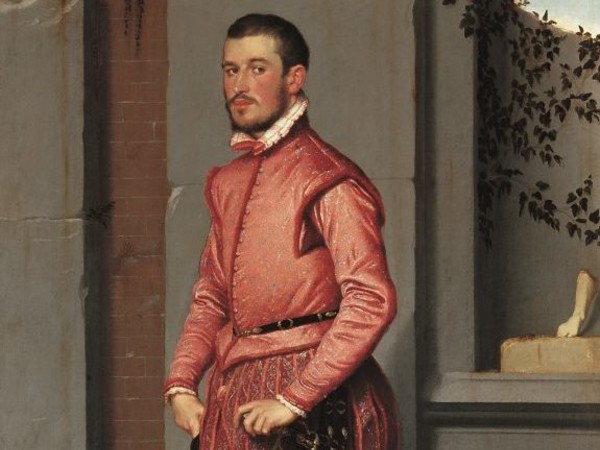 Giovan Battista Moroni, Il cavaliere in rosa, 1560, olio su tela 216x123 cm.