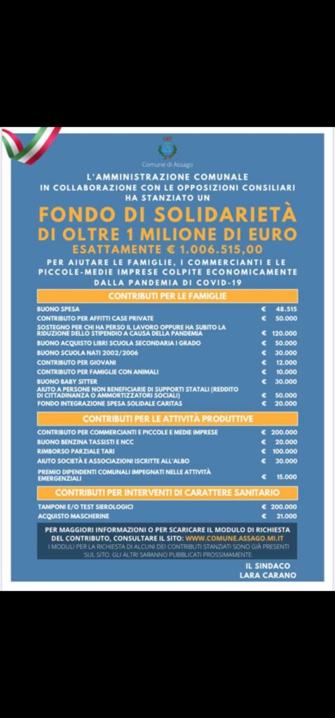 Assago: Fondo di Solidarieta' di oltre 1 milione di euro per aiutare commercianti, famiglie ed imprese del proprio territorio