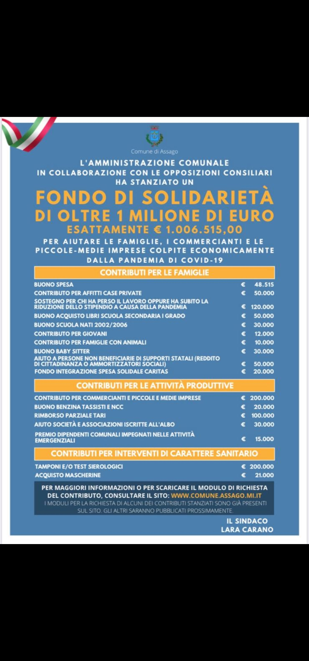 Assago: Fondo di Solidarieta' di oltre 1 milione di euro per aiutare commercianti, famiglie ed imprese del proprio territorio