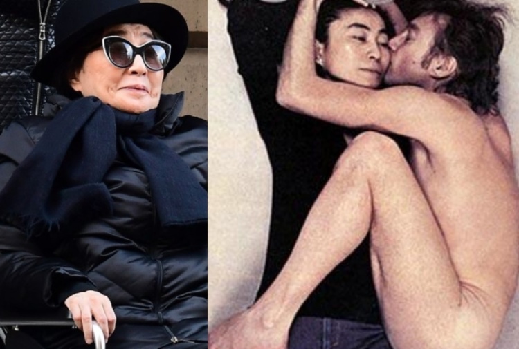 Yoko Ono oggi. A destra, la celebre copertina di Rolling Stone con lei e John Lennon