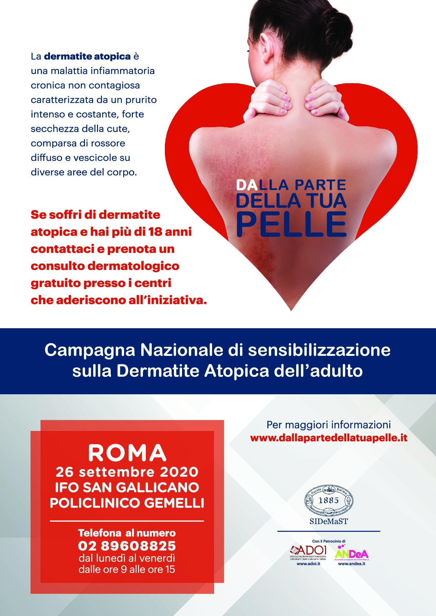 DERMATITE ATOPICA DELL’ADULTO: IL 26 SETTEMBRE CONSULTI DERMATOLOGICI GRATUITI A ROMA