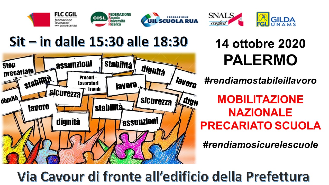Scuola, la Flc Cgil Palermo in difesa dei docenti precari.  Replica al ministro  Azzolina.  Il 14 sit-in unitario in Prefettura per la giornata di mobilitazione nazionale dei precari.  #rendiamosicurelescuole