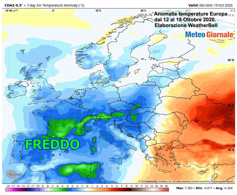 Andamento della temperatura media dell'ultima settimana in Europa