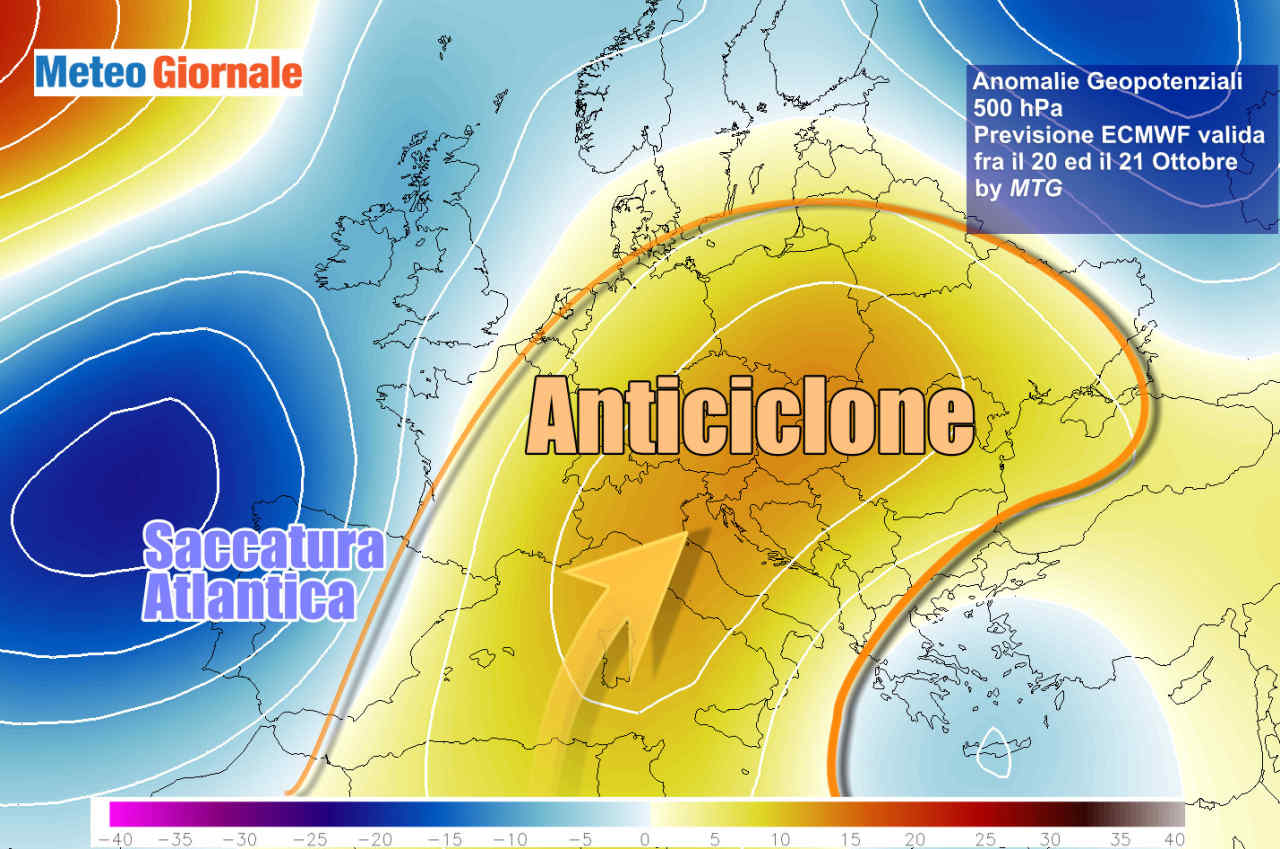 L'anomalia della pressione in quota evidenzia la marcata spinta dell'anticiclone africano sull'Italia e su parte dell'Europa