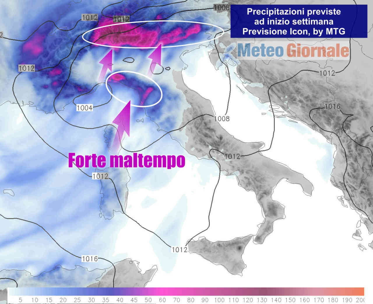 Le precipitazioni totali attese per lunedì 26