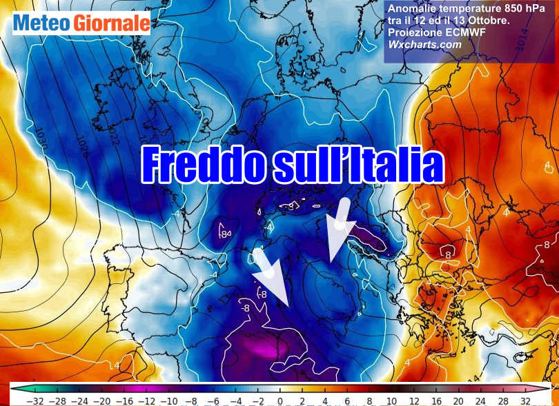 Le anomalie termiche in quota, a 1500 metri d'altezza, previste tra lunedì 12 e martedì 13