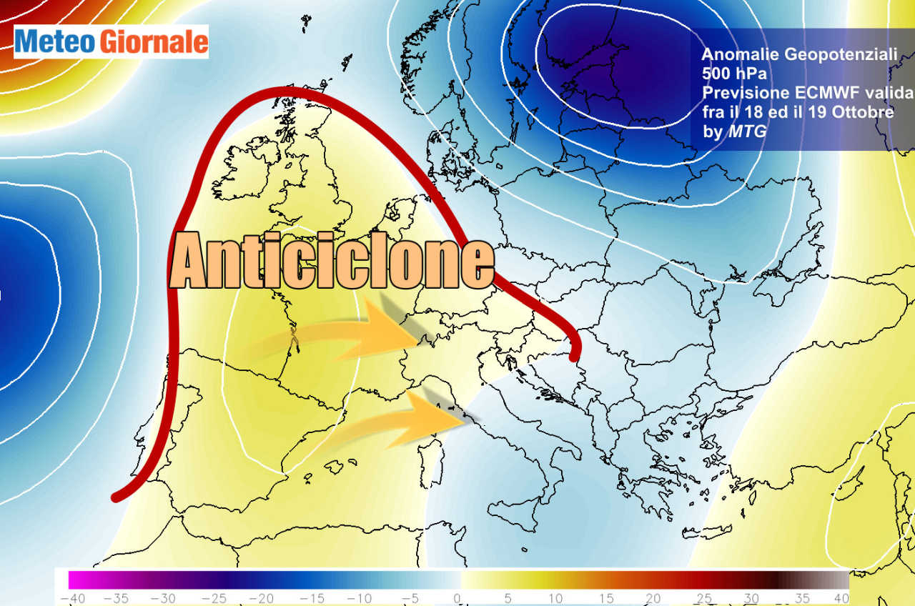 Anomalie di geopotenziale previste tra domenica e lunedì