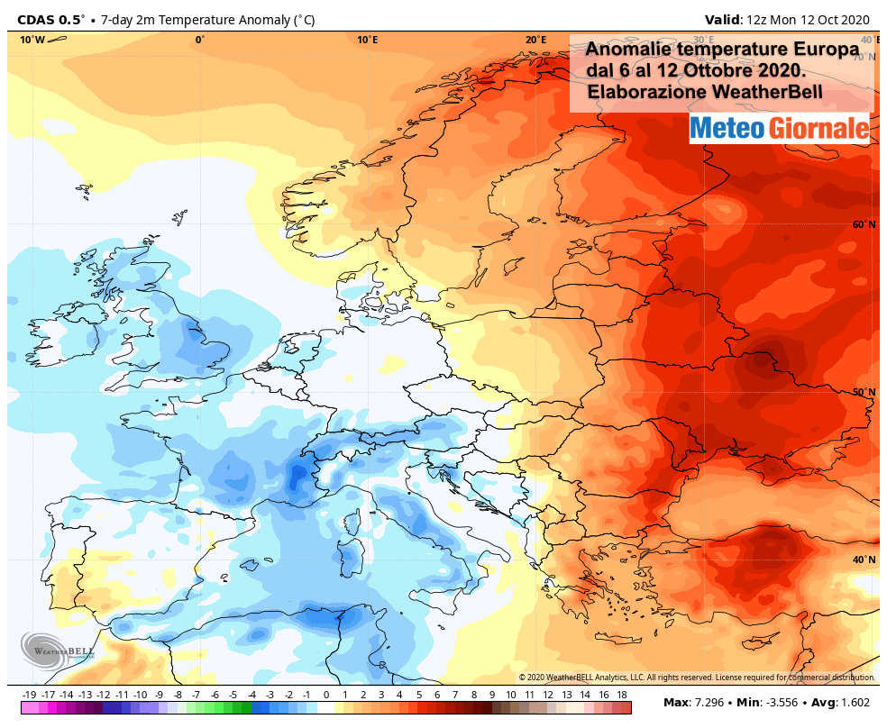 Le anomalie termiche degli ultimi 7 giorni in Europa