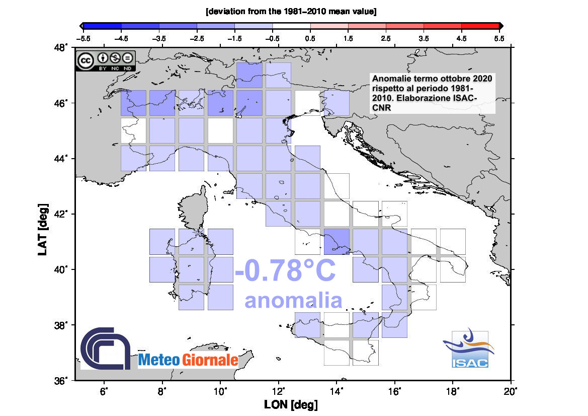 Anomalie termiche di ottobre 2020 rispetto al periodo 1981-2010