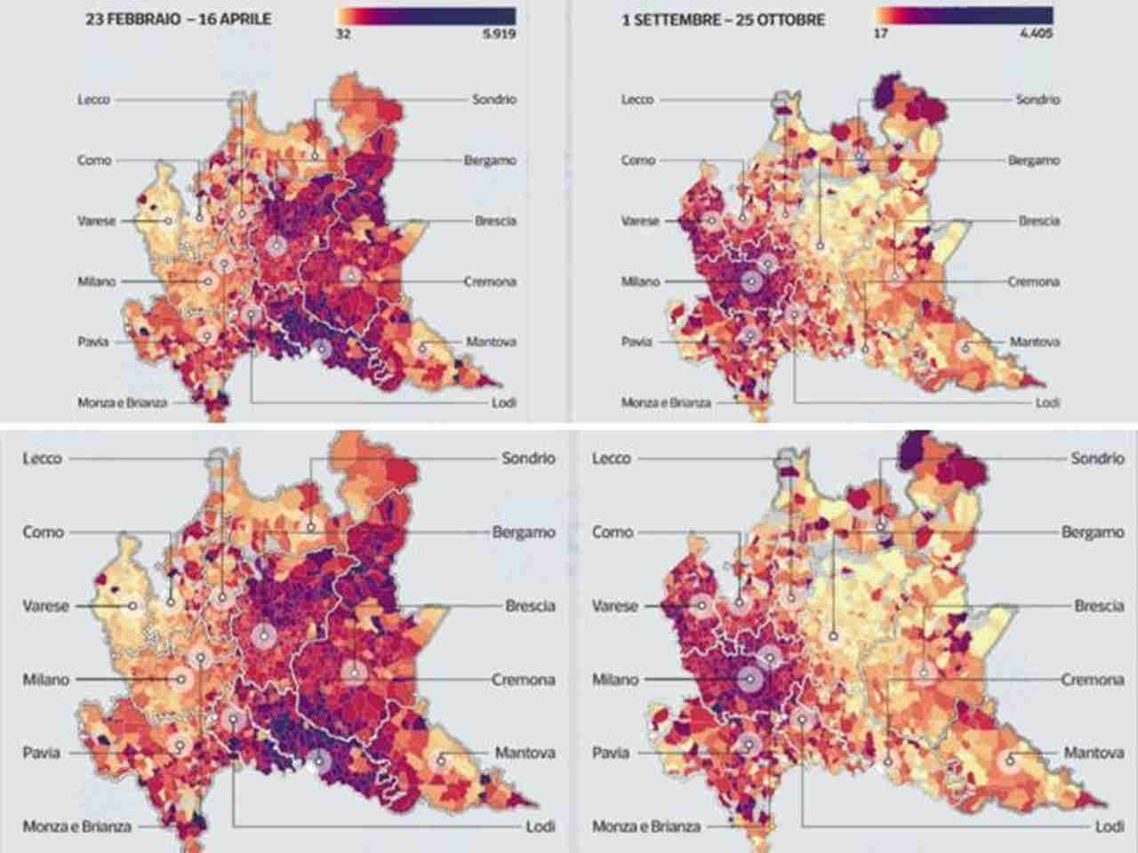 Il confronto delle due ondate di epidemia in Lombardia. A sinistra l'incidenza del virus in primavera, a destra la situazione recente