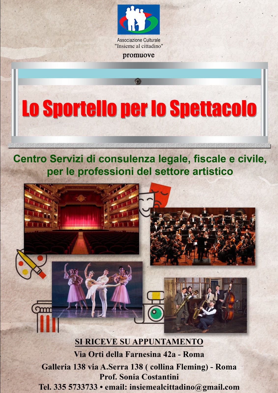 Spettacolo, Costantini (Ass. Insieme al Cittadino): “Apre lo ‘Sportello dello Spettacolo’, per la tutela delle professioni del settore artistico”