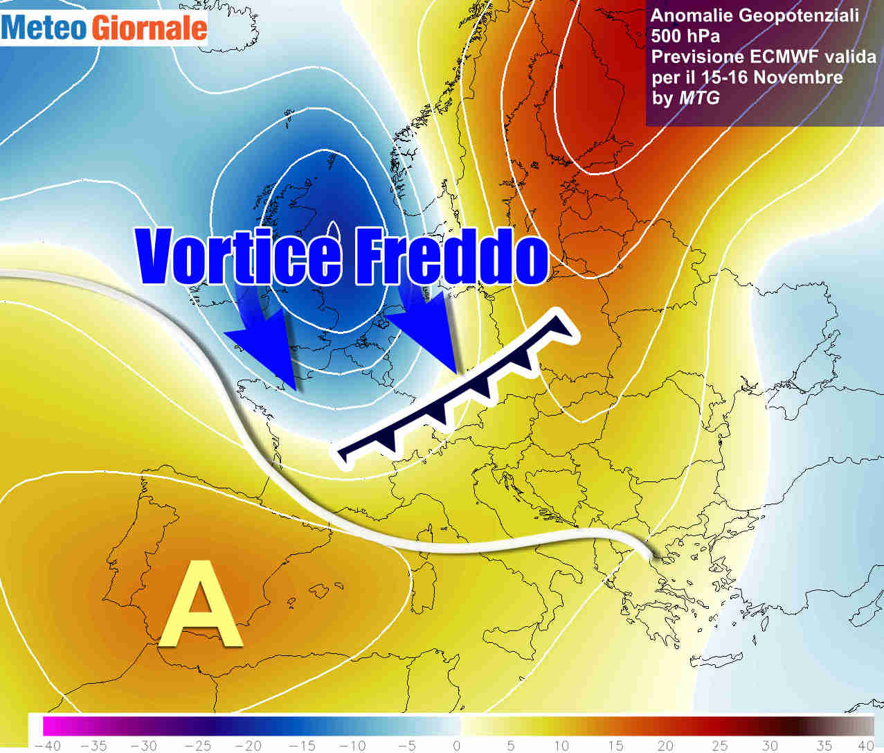 Evoluzione meteo fra domenica 15 e lunedì 16 novembre