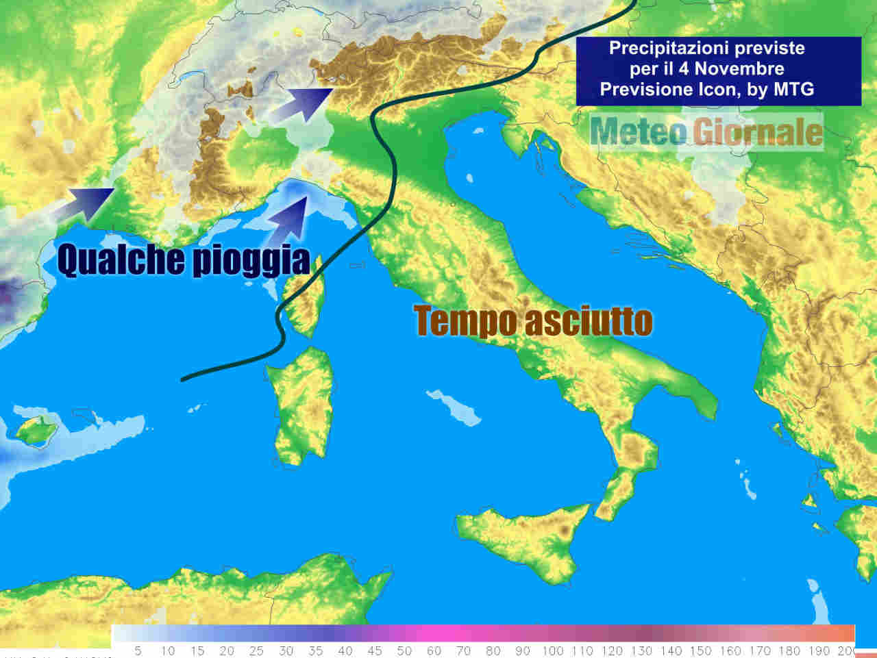 Le deboli precipitazioni attese nel corso di mercoledì 4 novembre