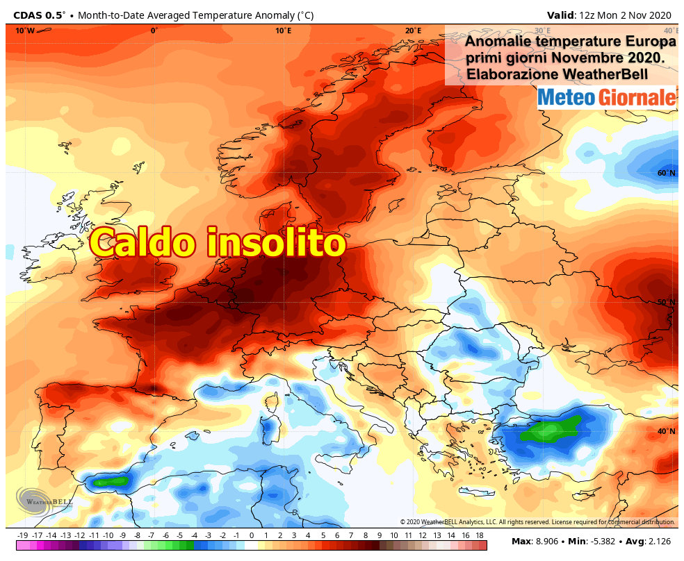 Anomalie clima in Europa dei primi 2 giorni di novembre