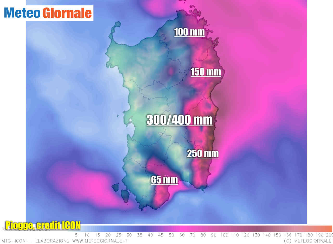 Meteo con piogge torrenziali in Sardegna.