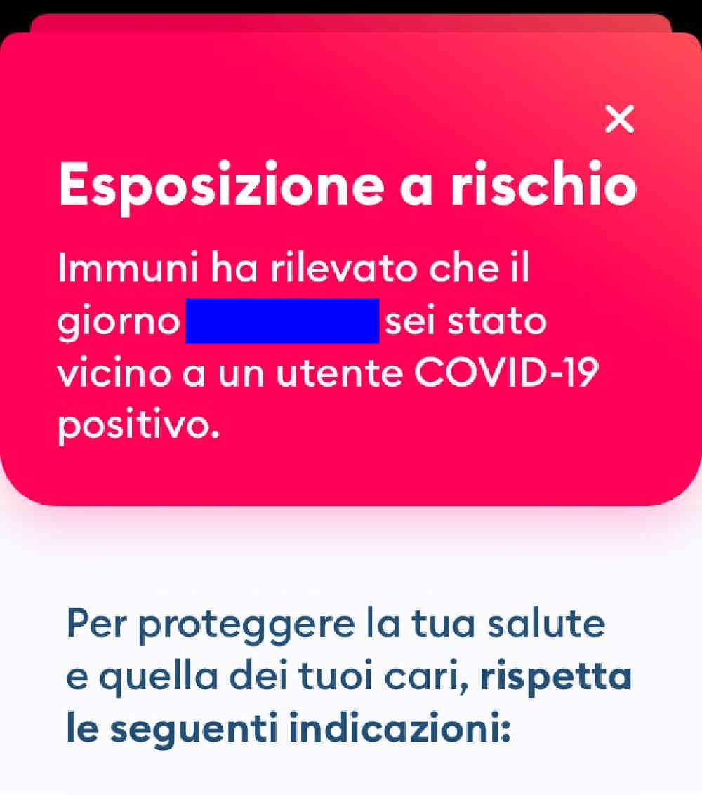 Avviso indicato dall'APP Immuni, di esposizione a rischio.