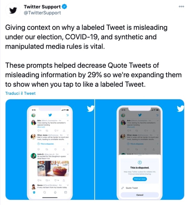 Twitter avvisa se si mette like a contenuti disinformativi