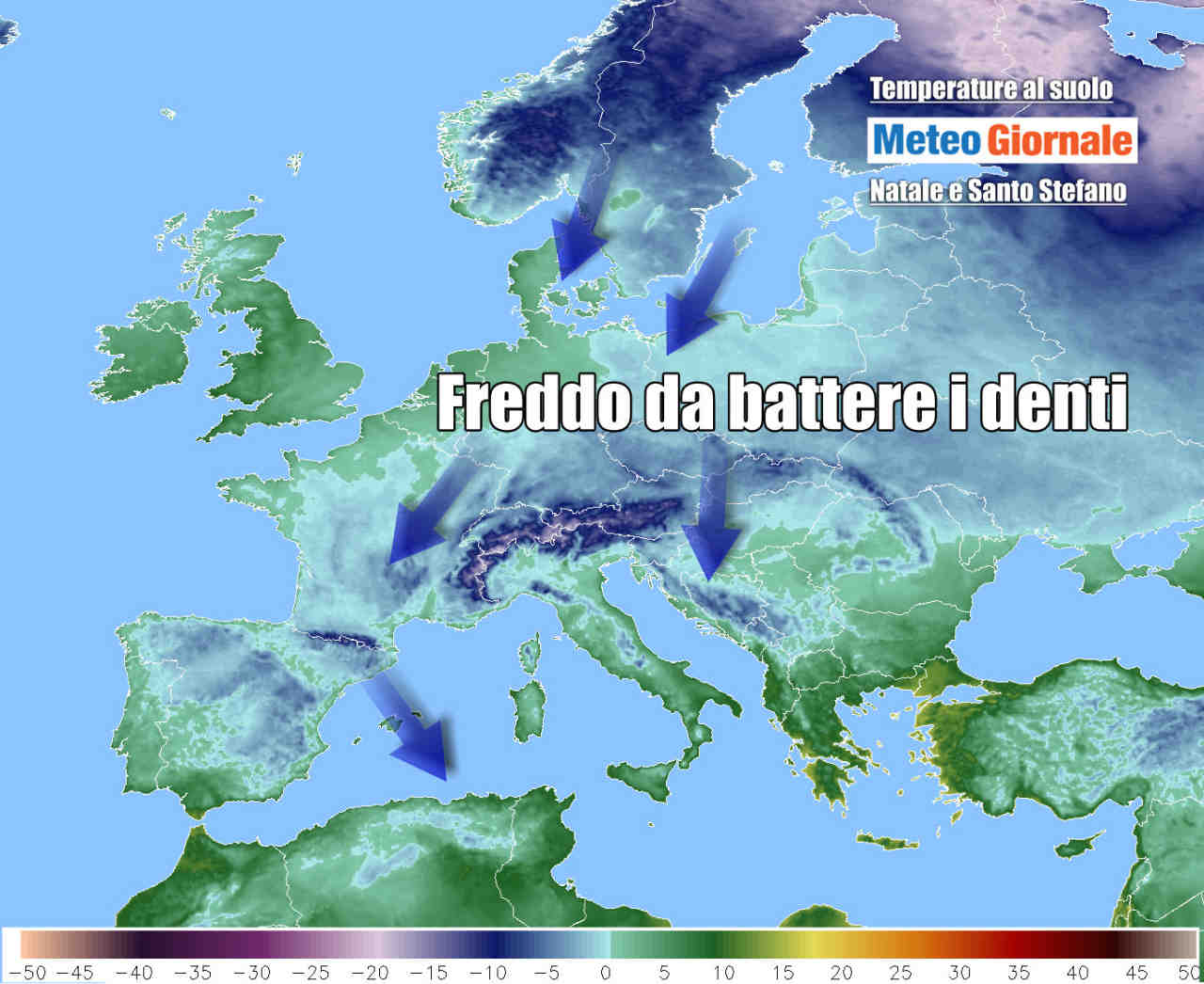 Lo scenario fra Natale e Santo Stefano, con temperature minime prossime o inferiori allo zero su un'ampia parte dell'Europa