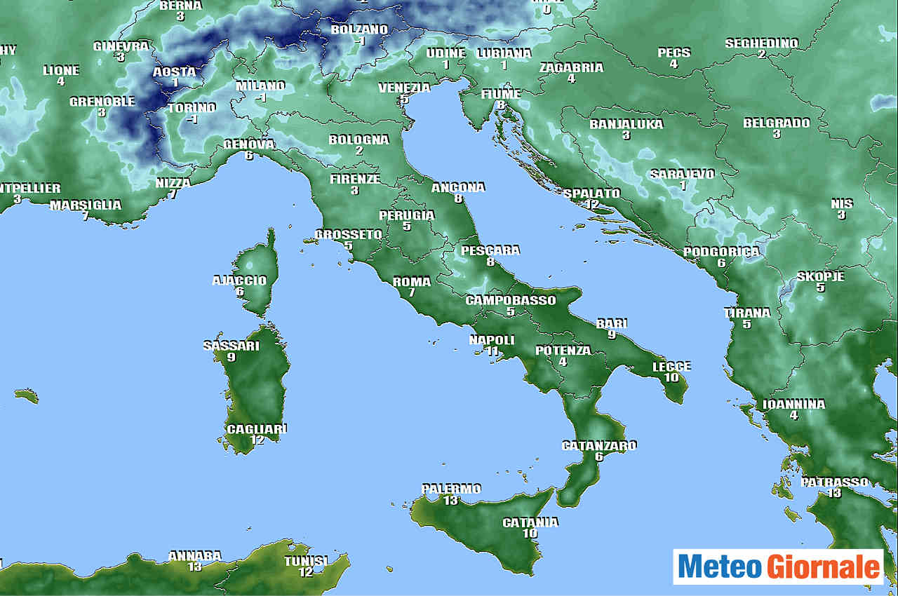 Temperature del primo mattino previste per domani, domenica 13 Dicembre.