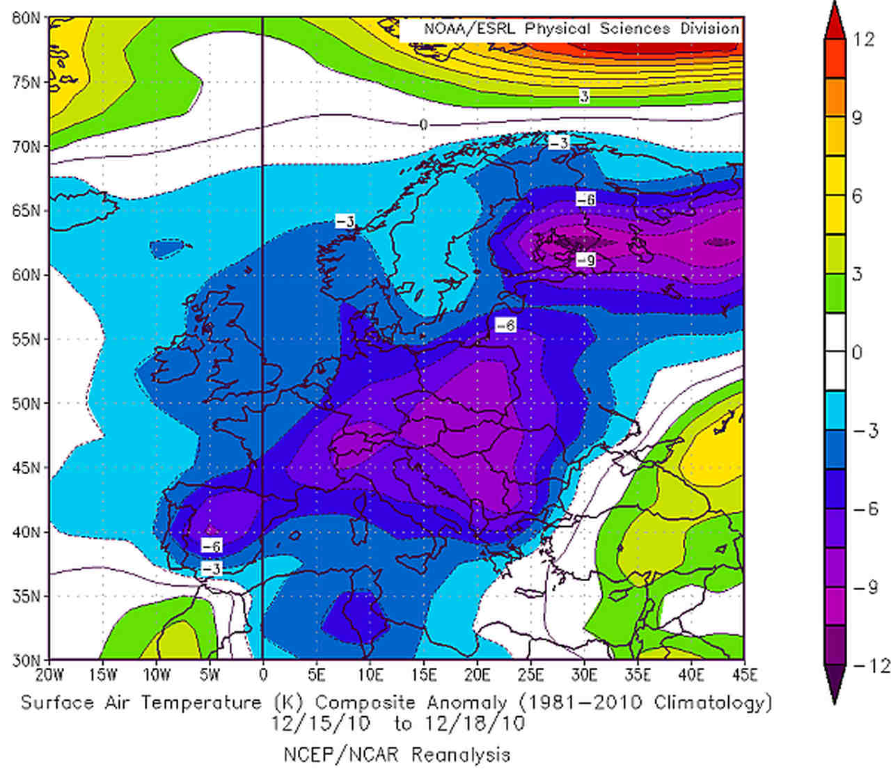 Mappa delle anomalie termiche relative al periodo 15-18 dicembre 2010. Gelo polare da battere davvero i denti in varie zone d'Europa e sull'Italia in particolare. Fonte NOAA