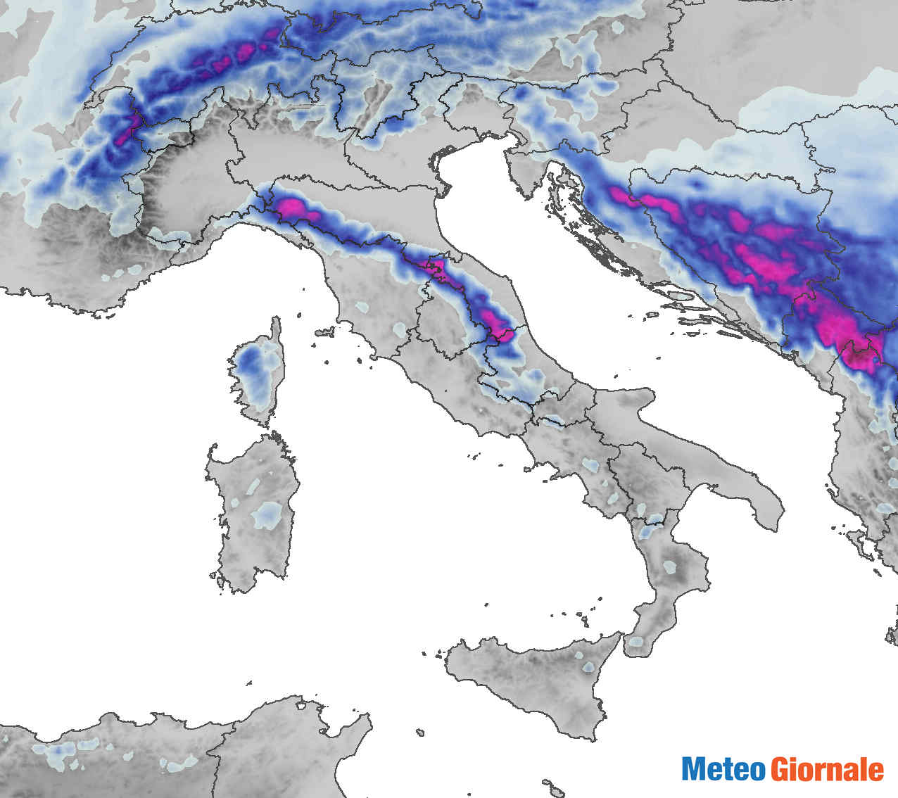 Bianco natale, la neve secondo il modello matematico tedesco ICON/DWD.