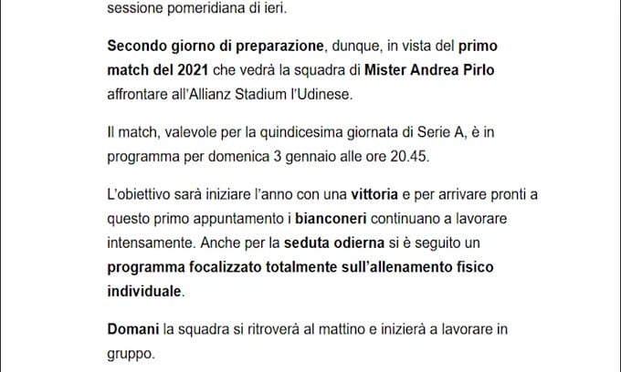 Verso Juve-Udinese, secondo giorno di lavoro per i campioni d'Italia