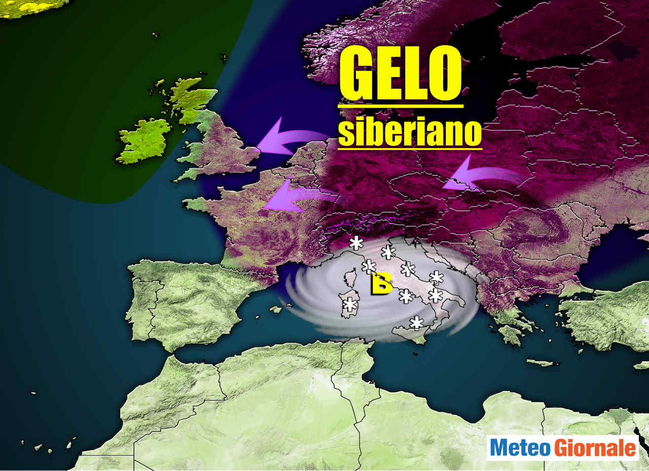 Gelo siberiano con tempeste di neve Mediterraneo.