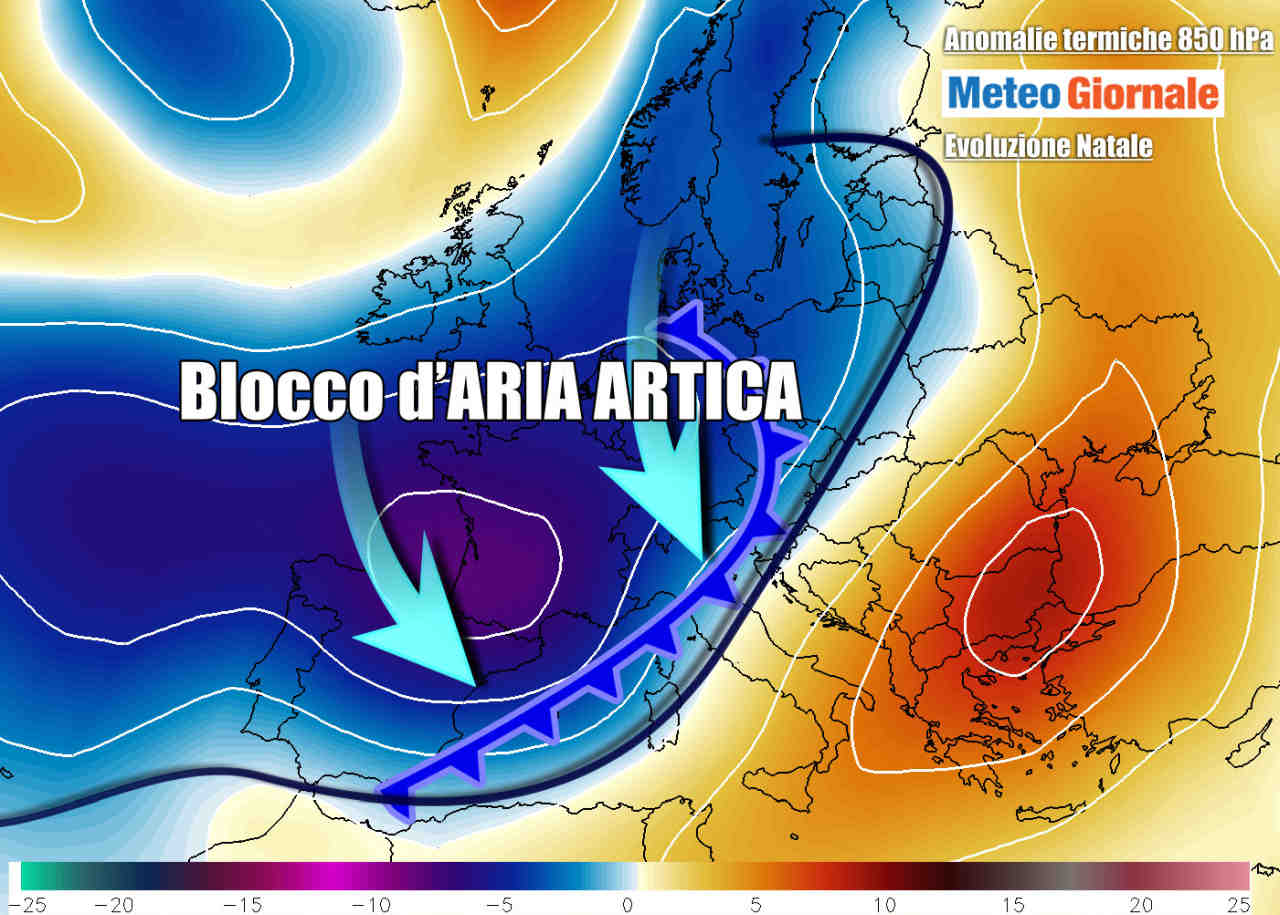 L'aria fredda che arriverà sull'Italia per Natale, sulla base delle anomalie termiche a 1500 metri di quota