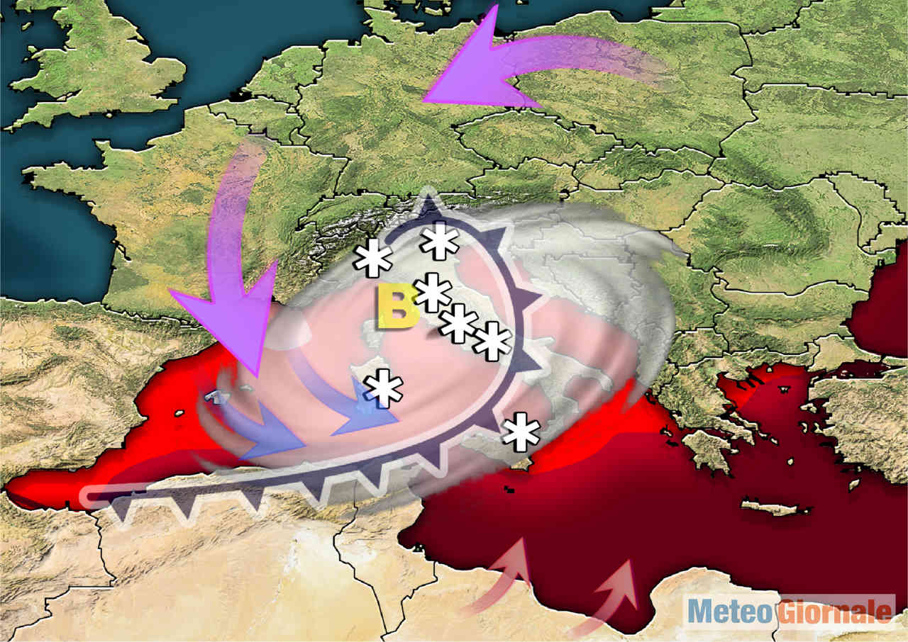 Meteo Mediterraneo con tempesta di neve.