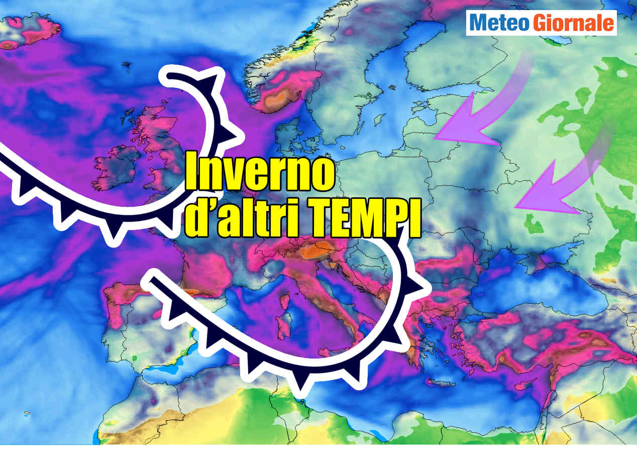 Meteo invernale d'altri tempi. Nella mappa osserviamo le maggiori precipitazioni in viola.