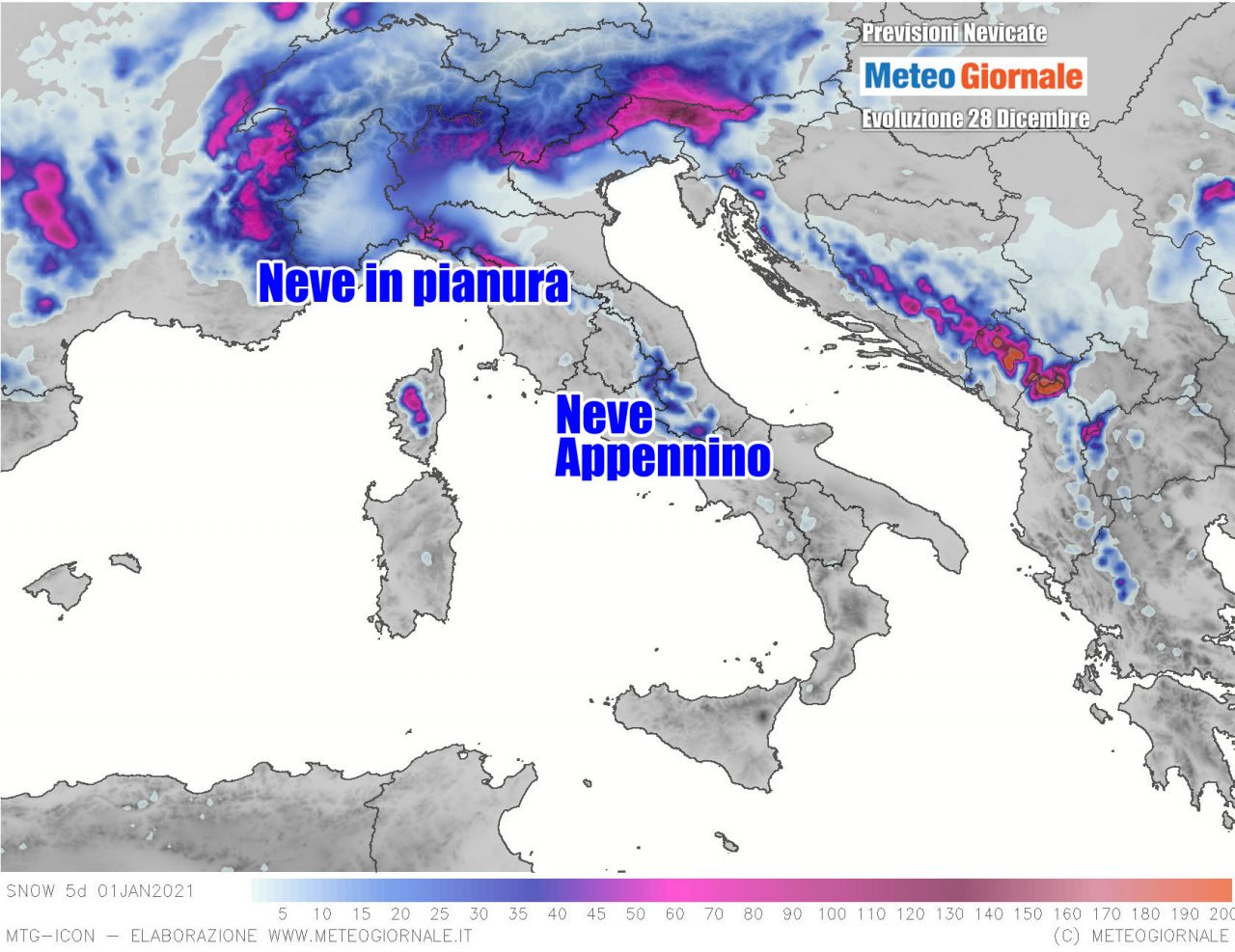 Le precipitazioni nevose previste ad inizio settimana