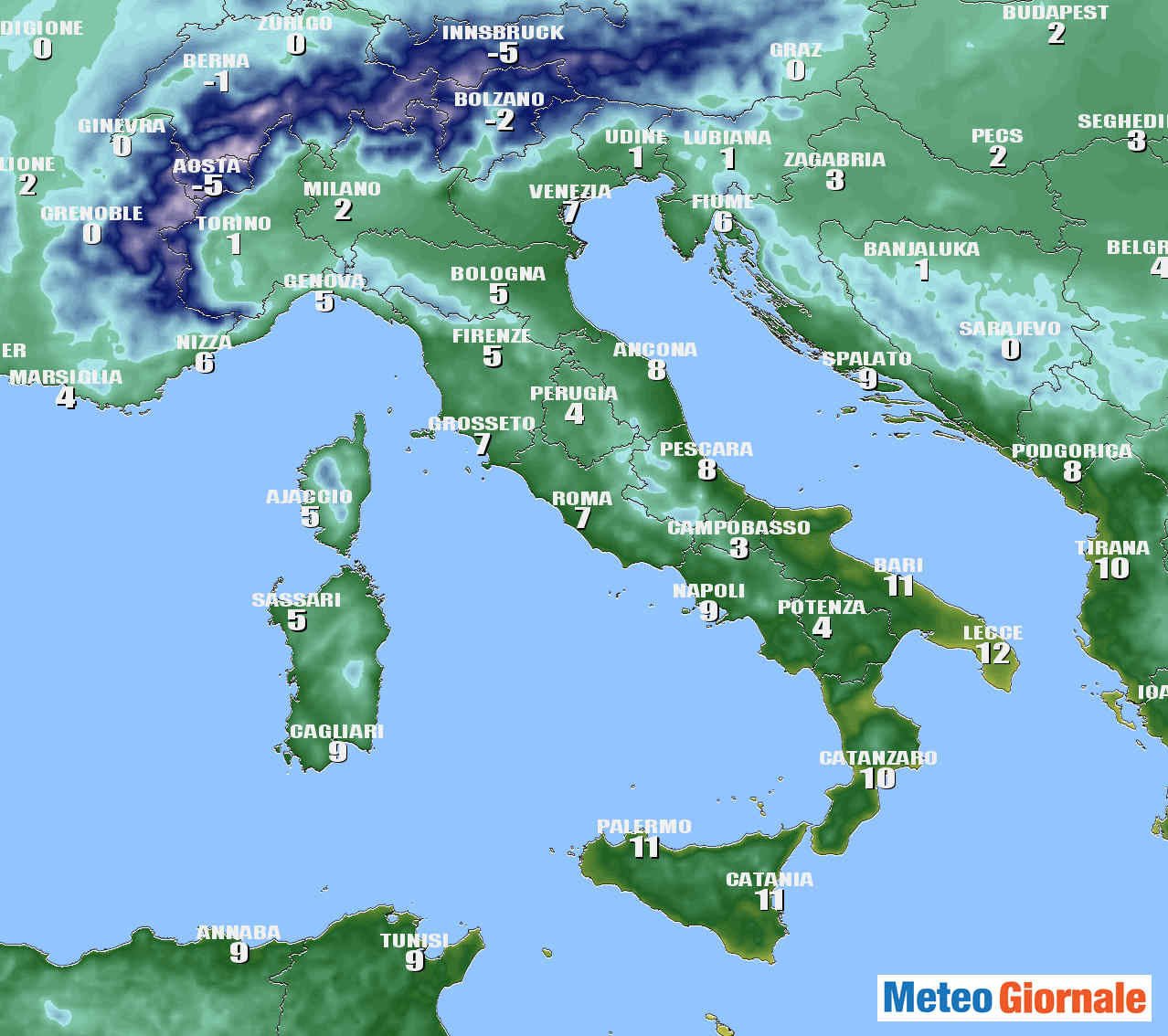 Temperature minime di Natale sulla base delle previsioni del modello matematico tedesco ICON.