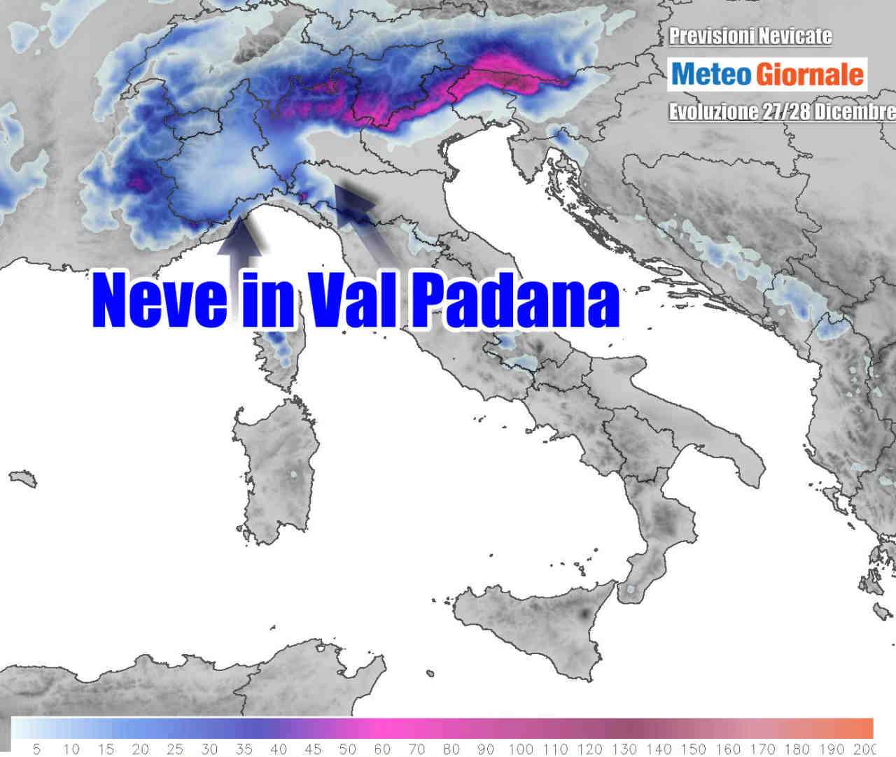 Le precipitazioni nevose stimate in Val Padana