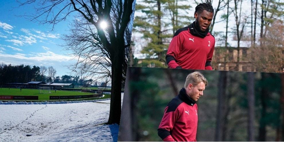 Milan, allenamento con la neve: Pioli ritrova Kessie e Kjaer