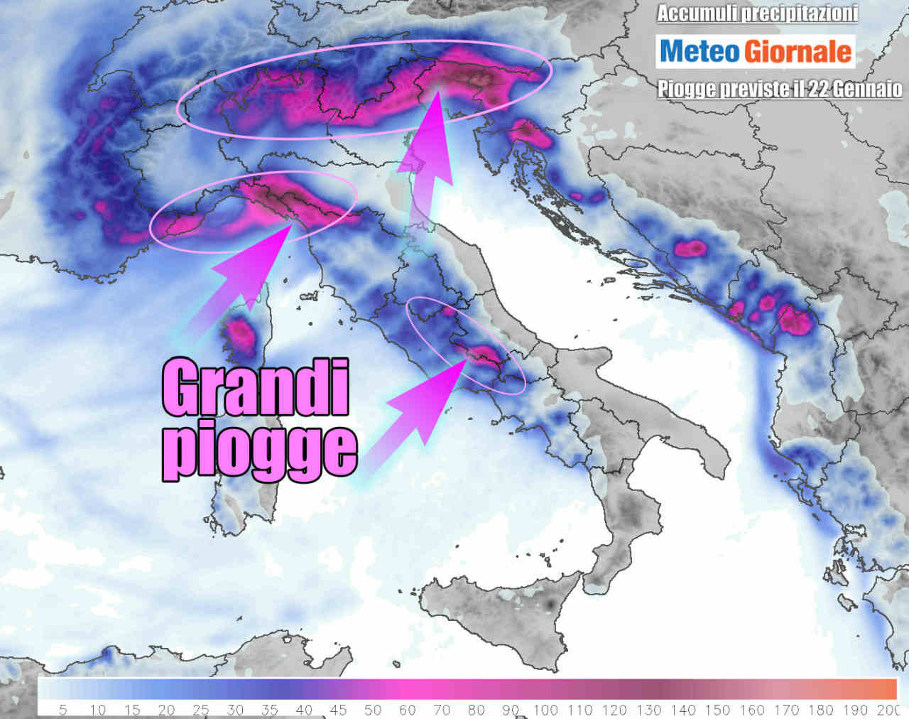 Cumulati di pioggia previsti per la giornata di oggi 22 Gennaio