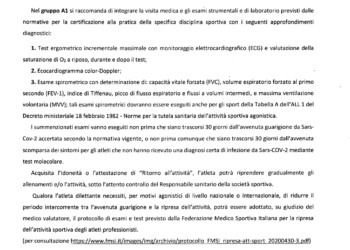 Approvato il nuovo protocollo per l’idoneità agonistica negli atleti che hanno avuto il COVID