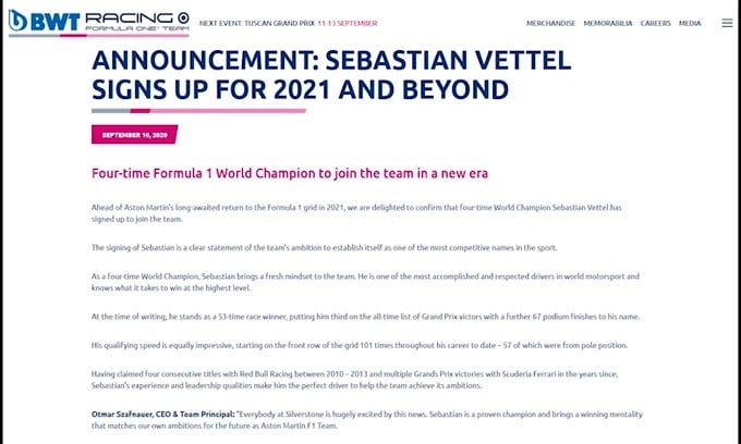 Ufficiale: Vettel pilota della Aston Martin per il 2021