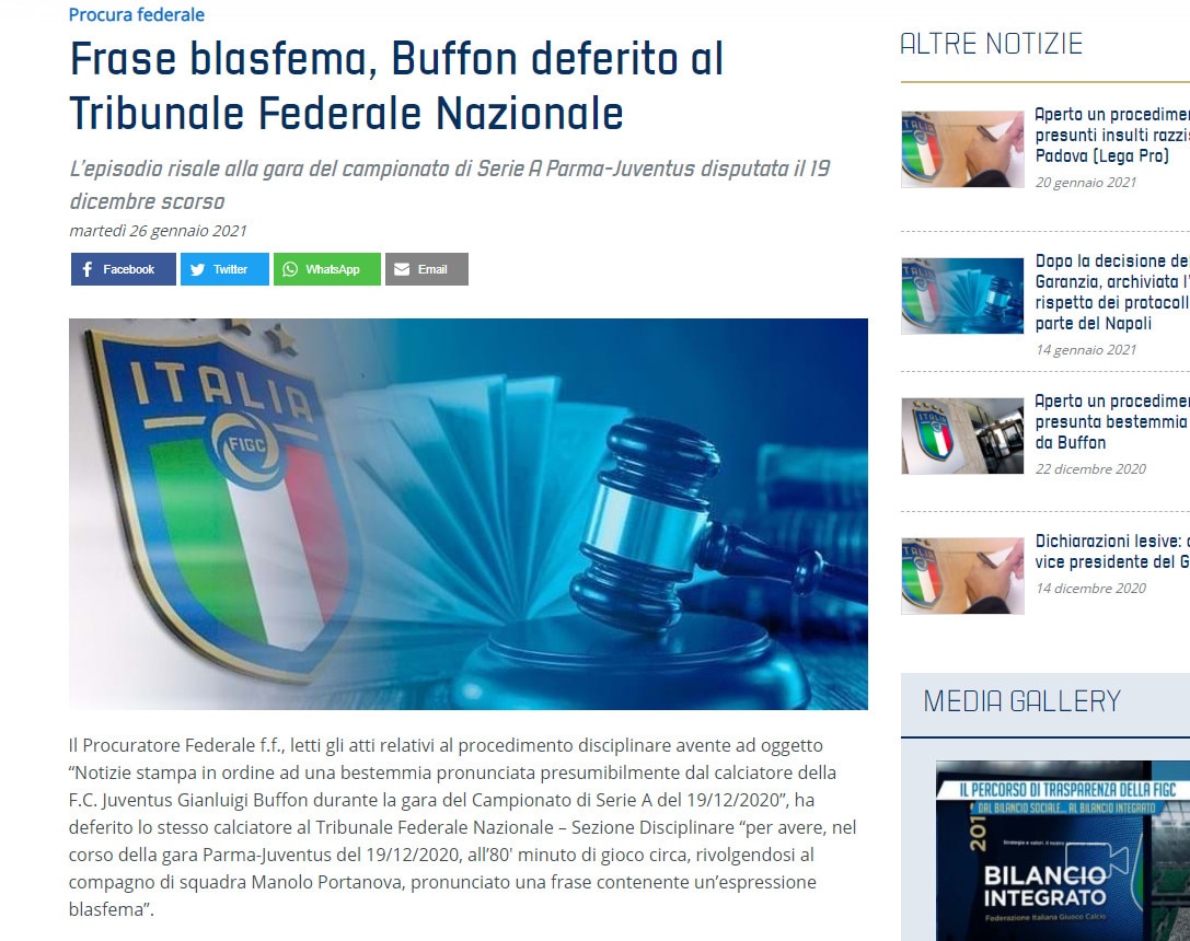 Buffon deferito per una frase blasfema