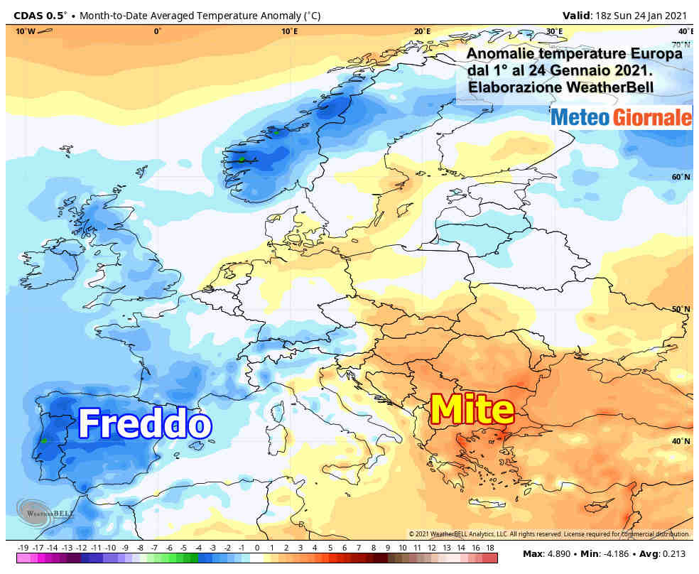 Andamento di gennaio fino a questo momento in Europa, con la rappresentazione delle anomalie termiche al suolo