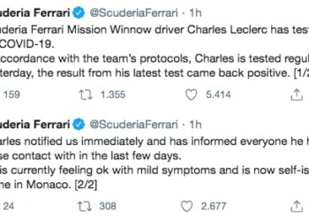 F1 Ferrari: “Leclerc risultato positivo al Covid-19”