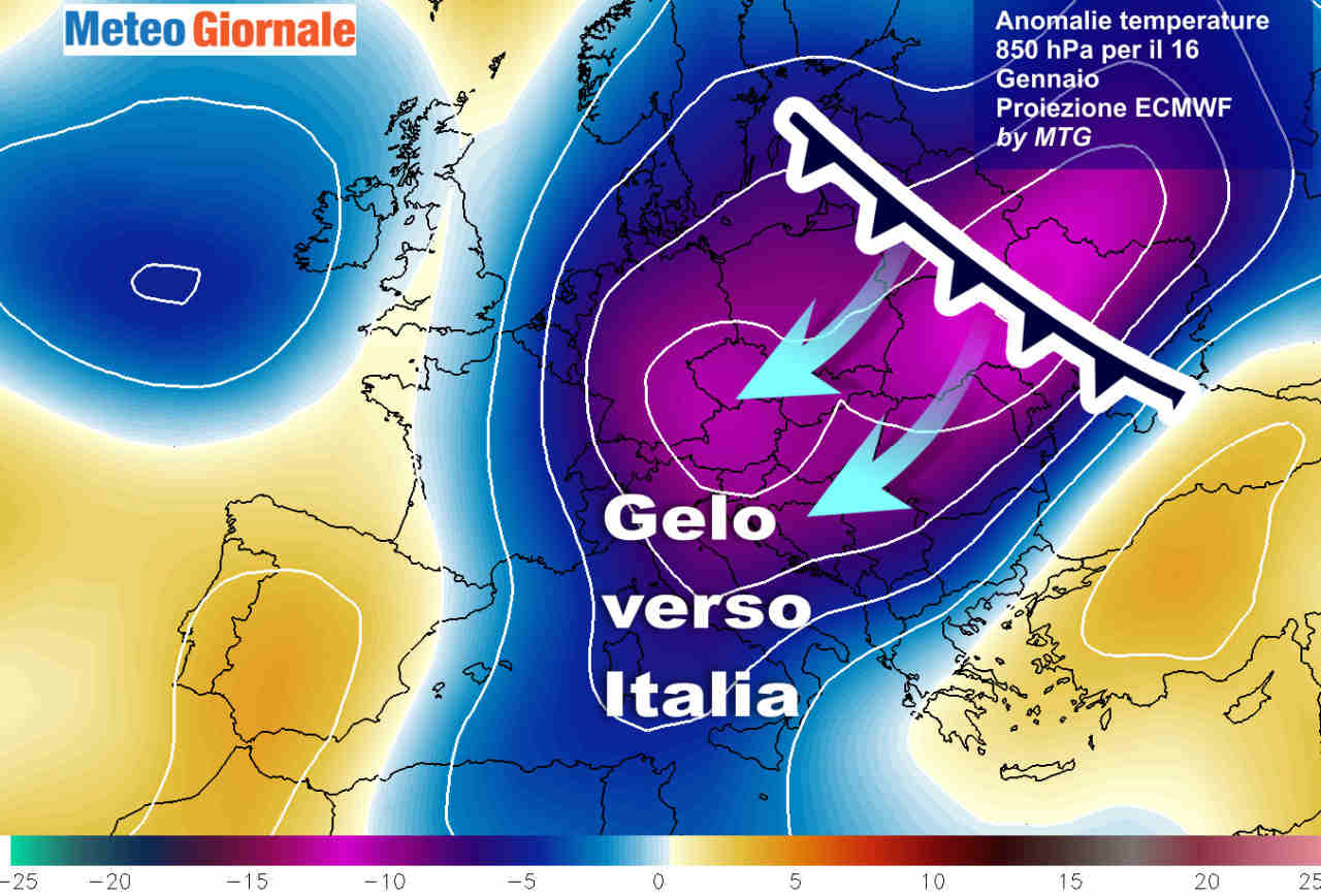 Evoluzione meteo attorno a metà mese. Le anomalie termiche previste a 1500 metri