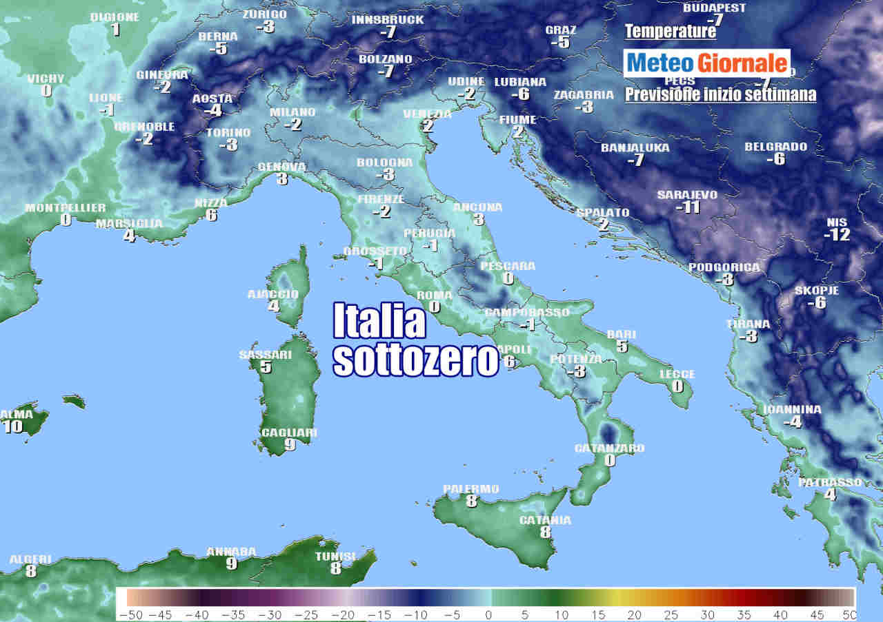 Lunedì previste temperature sottozero su gran parte del Centro-Nord, anche in pianura ed eccetto le coste