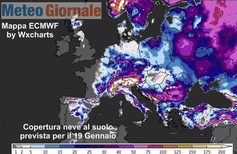 Copertura nevosa stimata fra circa 10 giorni in Europa