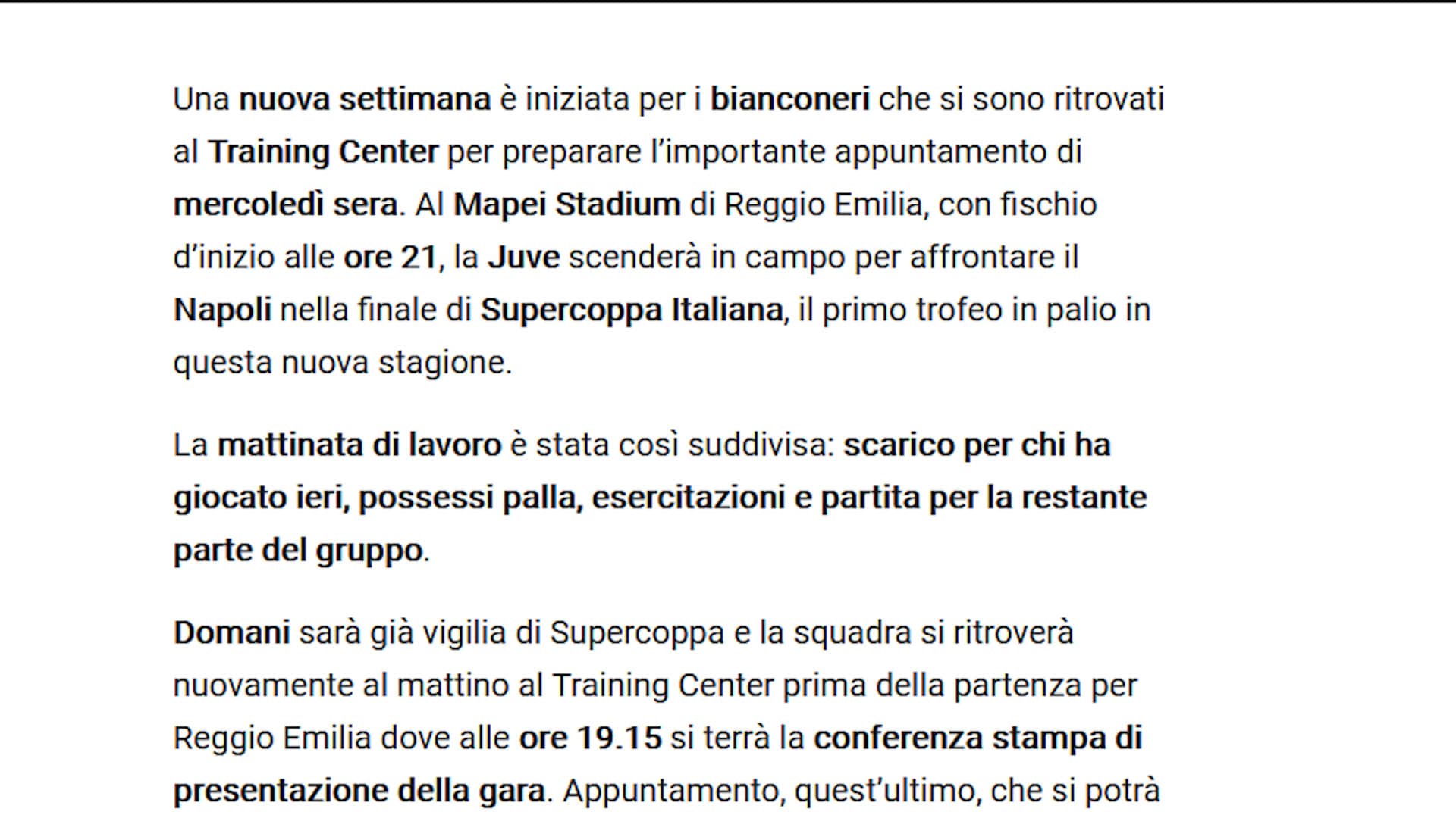 Juve, lavoro al Training Center in vista della Supercoppa