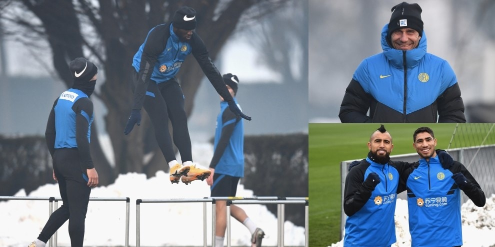 Inter, Lukaku si scatena sotto la neve. E Conte ride…